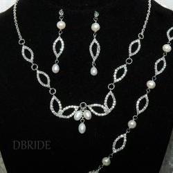 SALE Pearl Bridal Necklace Set - Rhinestone and Pearl Bracelet - Bridal Dangle Earrings